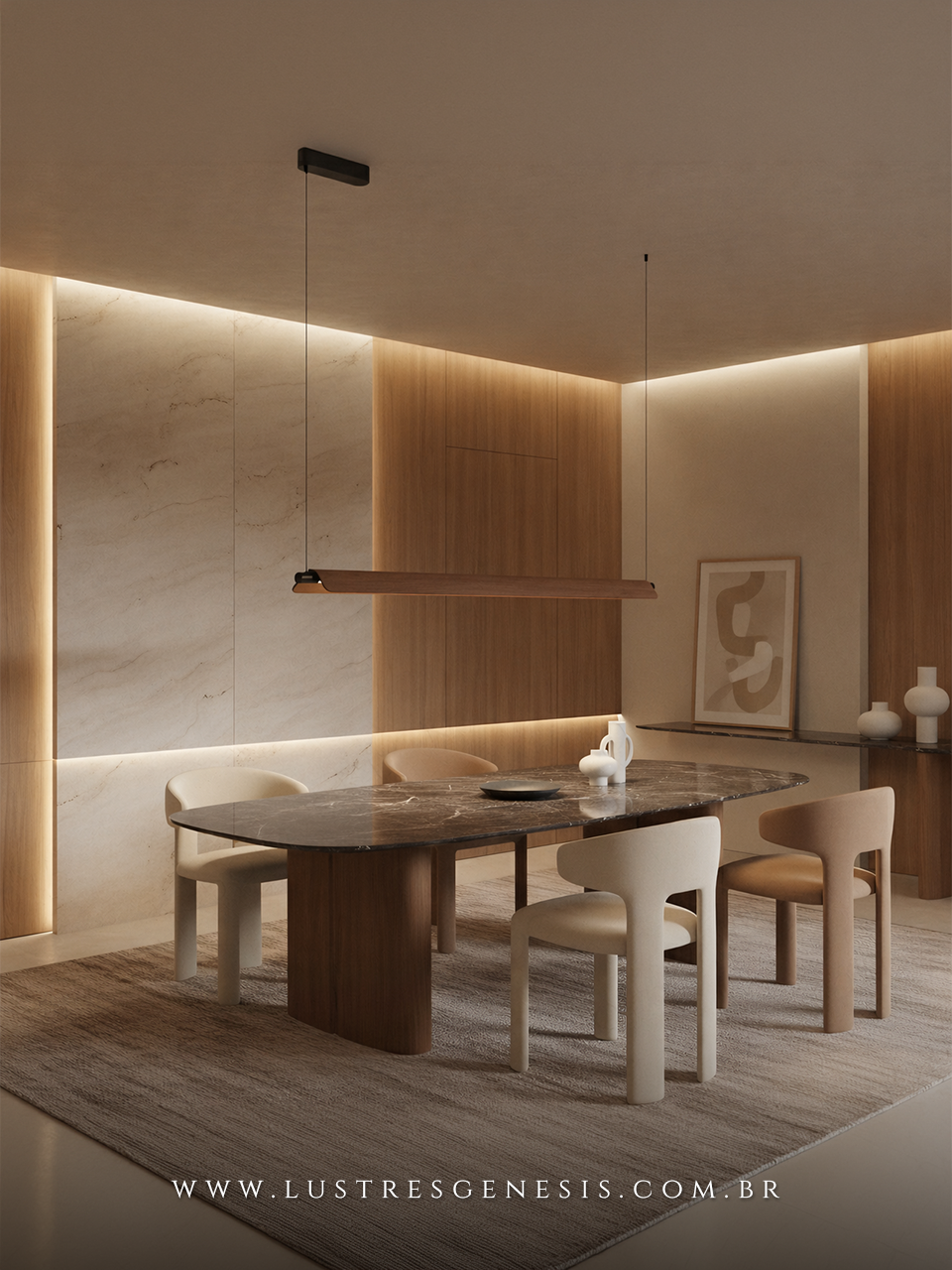 Lumin&aacute;ria Pendente Linear Madeira 128cm Retangular para Sala de Jantar e &Aacute;rea Gourmet 